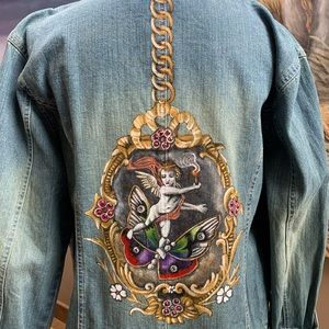 Vintage Victorian lace pearls jean jacket denim handprinted angel macrame OOAK